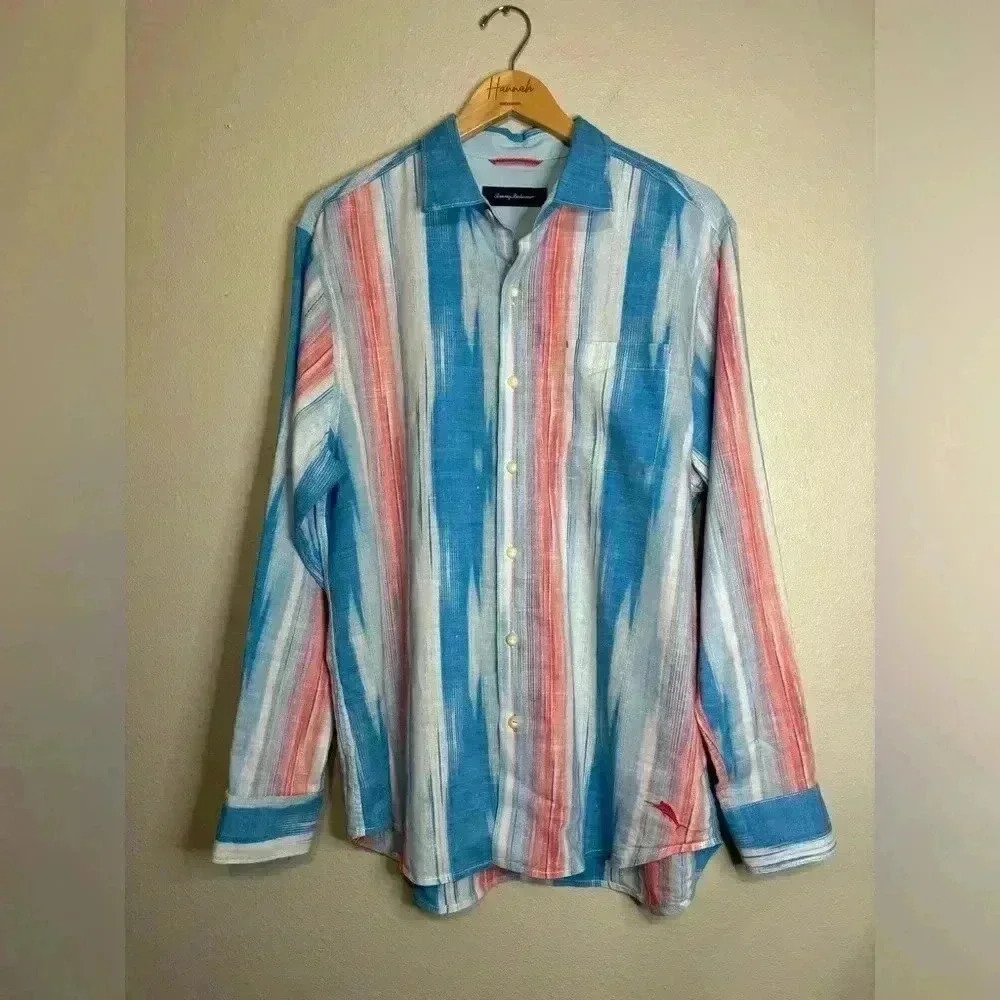 Tommy Bahama Long Sleeve Button Down Shirt | Red, White, and Blue | Size Large